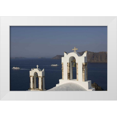 Greece, Thira, Oia Bay scenic with bell tower White Modern Wood Framed Art Print by Young, Bill