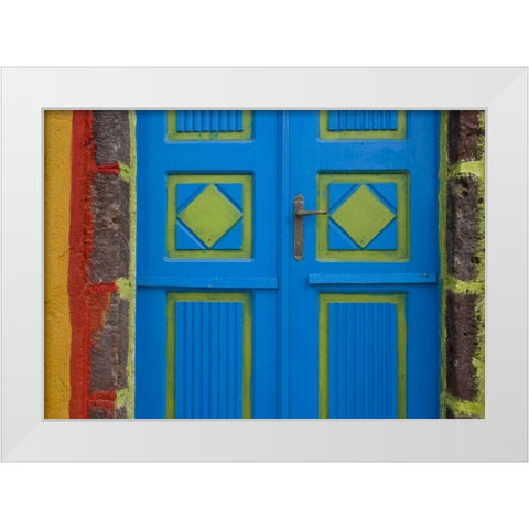 Greece,Thira, Oia Blue and lime green door White Modern Wood Framed Art Print by Young, Bill