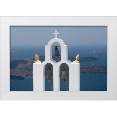 Greece, Santorini Church bell tower with sea White Modern Wood Framed Art Print by Young, Bill