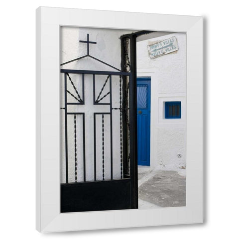Greece, Santorini Black iron church gate White Modern Wood Framed Art Print by Young, Bill