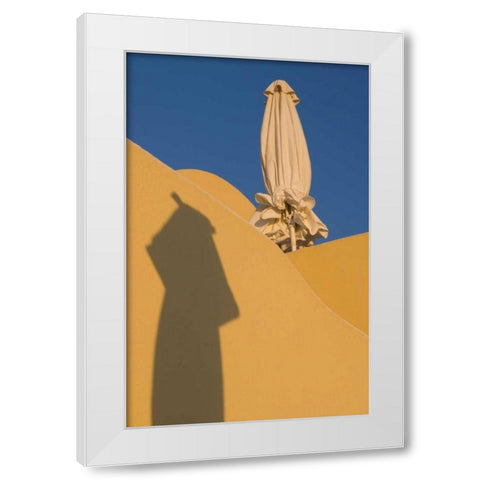 Greece, Santorini Sun umbrella against a wall White Modern Wood Framed Art Print by Young, Bill