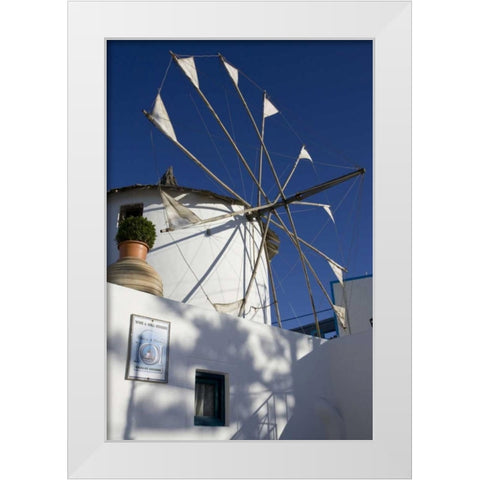 Greece, Santorini Windmill against blue sky White Modern Wood Framed Art Print by Young, Bill
