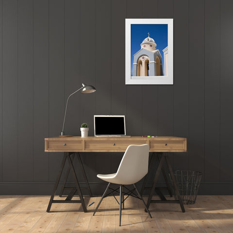 Greece, Santorini Church bell tower against sky White Modern Wood Framed Art Print by Young, Bill