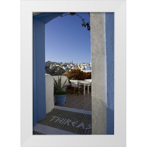 Greece, Santorini Doorway to balcony tables White Modern Wood Framed Art Print by Young, Bill