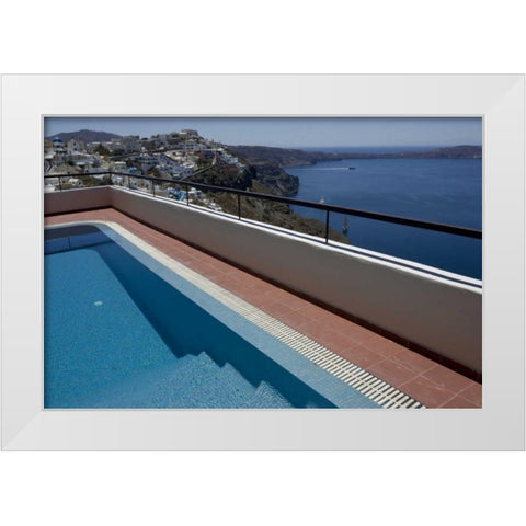 Greece, Santorini Swimming pool overlooking town White Modern Wood Framed Art Print by Young, Bill