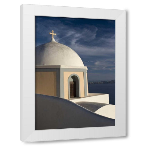 Greece, Santorini Church dome against clouds White Modern Wood Framed Art Print by Young, Bill