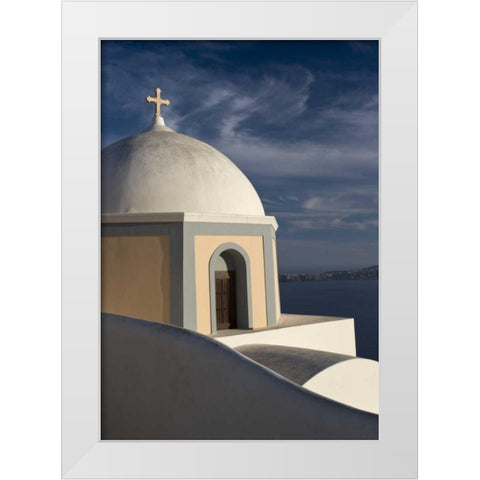 Greece, Santorini Church dome against clouds White Modern Wood Framed Art Print by Young, Bill