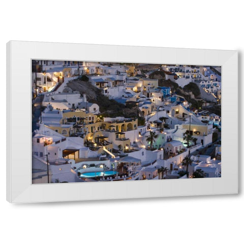 Greece, Firostefani Cliffside villas at night White Modern Wood Framed Art Print by Young, Bill