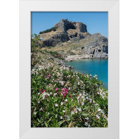 St Pauls Bay with the Acropolis of Lindos in the distance with the Temple of Athena Lindia White Modern Wood Framed Art Print by Hopkins, Cindy Miller