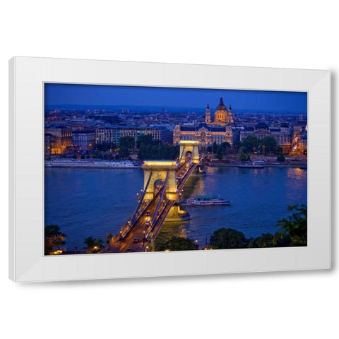 Hungary, Budapest Chain Bridge lit at night White Modern Wood Framed Art Print by Zuckerman, Jim