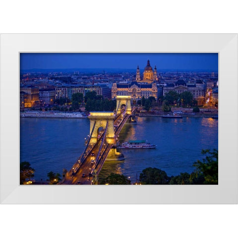 Hungary, Budapest Chain Bridge lit at night White Modern Wood Framed Art Print by Zuckerman, Jim