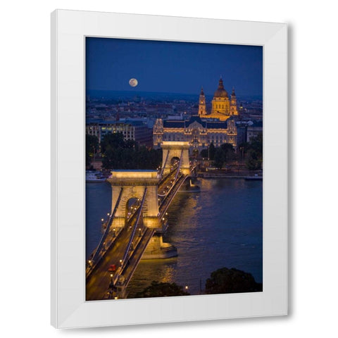 Hungary, Budapest Chain Bridge lit at night White Modern Wood Framed Art Print by Zuckerman, Jim