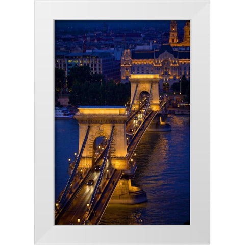 Hungary, Budapest Chain Bridge lit at night White Modern Wood Framed Art Print by Zuckerman, Jim