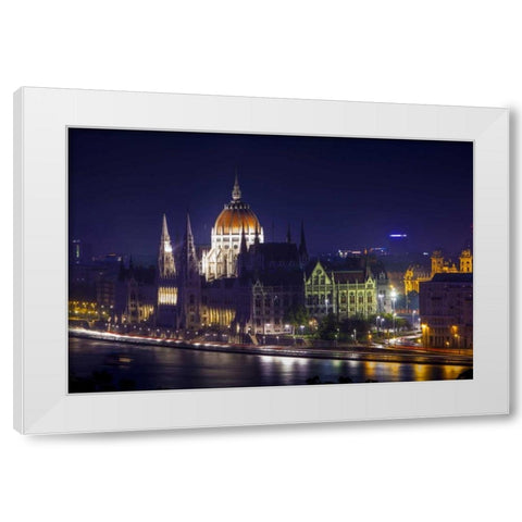 Hungary, Budapest Parliament Building at night White Modern Wood Framed Art Print by Zuckerman, Jim