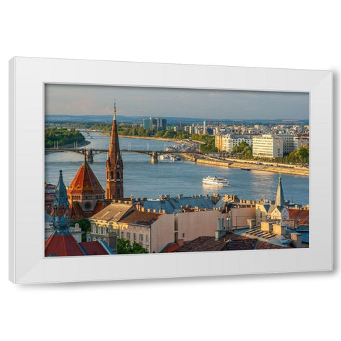 View from Castle Hill of the Margaret Bridge crossing the Danube River-Buda side-Central Budapest-C White Modern Wood Framed Art Print by Haseltine, Tom
