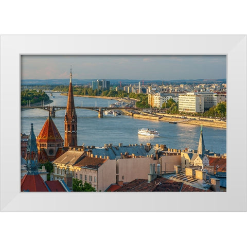 View from Castle Hill of the Margaret Bridge crossing the Danube River-Buda side-Central Budapest-C White Modern Wood Framed Art Print by Haseltine, Tom
