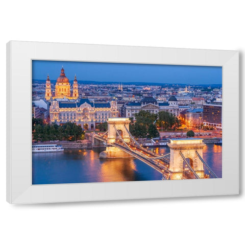 Hungary-Budapest-Szechenyi Chain Bridge across the Danube River-illuminated at night-built between  White Modern Wood Framed Art Print by Haseltine, Tom