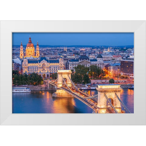 Hungary-Budapest-Szechenyi Chain Bridge across the Danube River-illuminated at night-built between  White Modern Wood Framed Art Print by Haseltine, Tom