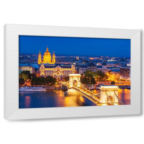 Hungary-Budapest-Szechenyi Chain Bridge across the Danube River-illuminated at night-built between  White Modern Wood Framed Art Print by Haseltine, Tom