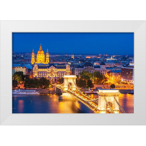 Hungary-Budapest-Szechenyi Chain Bridge across the Danube River-illuminated at night-built between  White Modern Wood Framed Art Print by Haseltine, Tom