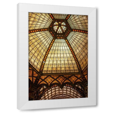 Stained glass ceiling inside Ferenciek Tere-Square of the Franciscans-an important public transport White Modern Wood Framed Art Print by Haseltine, Tom