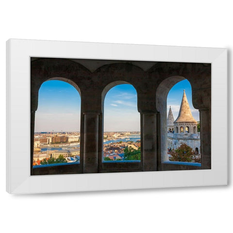 Hungary-Budapest-View from inside Fishermans Bastion White Modern Wood Framed Art Print by Haseltine, Tom