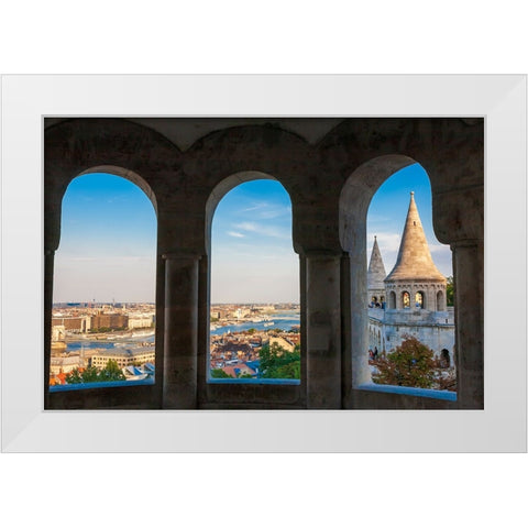 Hungary-Budapest-View from inside Fishermans Bastion White Modern Wood Framed Art Print by Haseltine, Tom