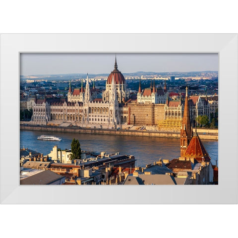 Tour boat passes Hungarys Parliament-built between 1884-1902 is the countrys largest building-It ha White Modern Wood Framed Art Print by Haseltine, Tom