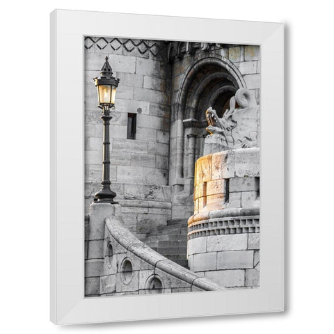 Hungary-Budapest-Light hitting lamppost-staircase-and dragon statue on Fishermans Bastion building White Modern Wood Framed Art Print by Haseltine, Tom