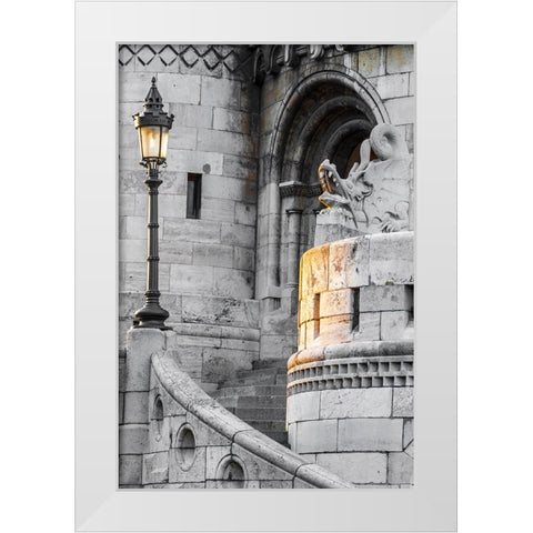 Hungary-Budapest-Light hitting lamppost-staircase-and dragon statue on Fishermans Bastion building White Modern Wood Framed Art Print by Haseltine, Tom