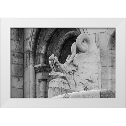 Hungary-Budapest-Dragon statue at Fishermans Bastion building White Modern Wood Framed Art Print by Haseltine, Tom