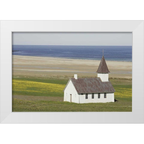 Iceland Isolated Christian church near the beach White Modern Wood Framed Art Print by Morris, Arthur