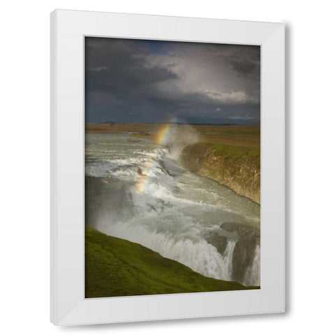 Iceland A rainbow arcs over Gullfoss falls White Modern Wood Framed Art Print by Grall, Don