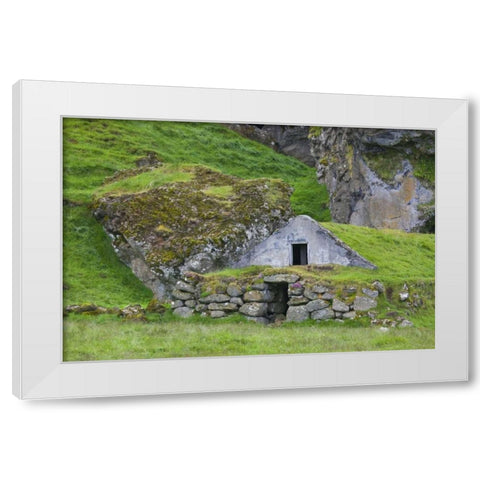 Iceland, Skogar A sod-covered roof on a shed White Modern Wood Framed Art Print by Grall, Don
