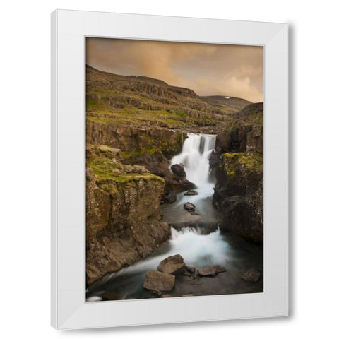 Iceland Waterfall in Berufjordur Fjord White Modern Wood Framed Art Print by Grall, Don