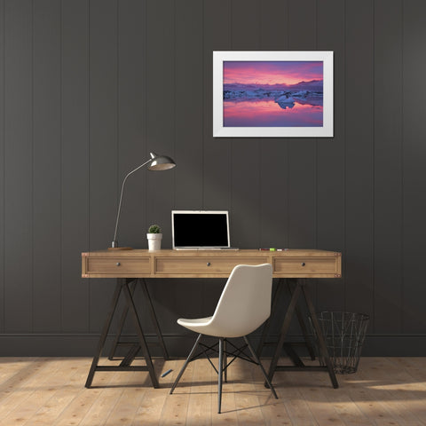 Iceland, Hofn Sunset over the Jokulsarlon lagoon White Modern Wood Framed Art Print by Anon, Josh
