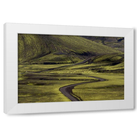 Iceland Road curves through green countryside White Modern Wood Framed Art Print by Young, Bill