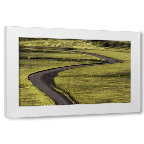 Iceland Road curves through green countryside White Modern Wood Framed Art Print by Young, Bill
