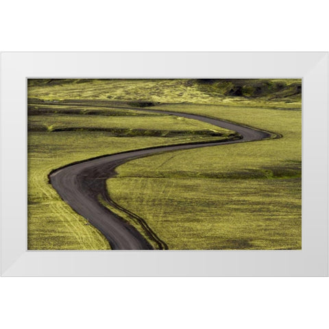 Iceland Road curves through green countryside White Modern Wood Framed Art Print by Young, Bill