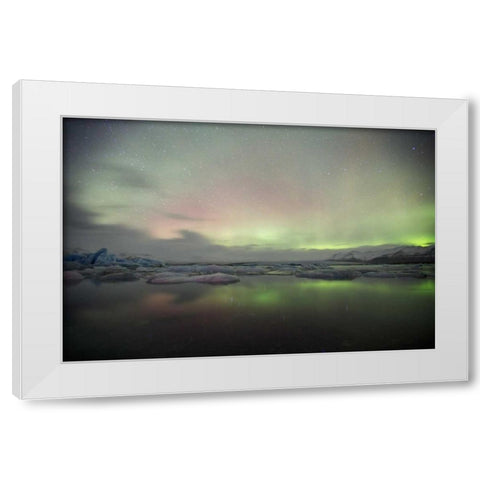 Iceland, Jokulsarlon Aurora lights over a lagoon White Modern Wood Framed Art Print by Anon, Josh
