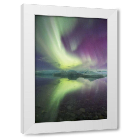 Iceland, Jokulsarlon Aurora lights over a lagoon White Modern Wood Framed Art Print by Anon, Josh