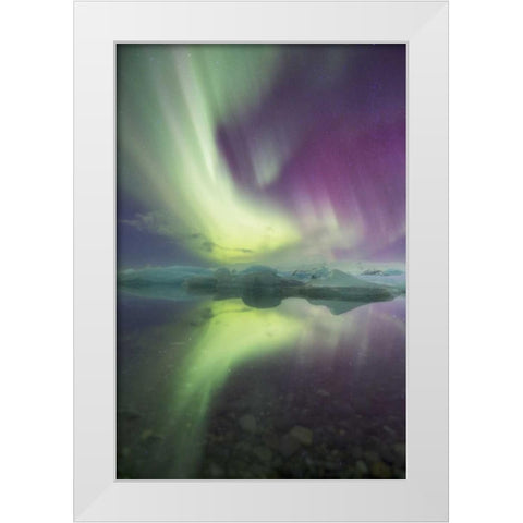 Iceland, Jokulsarlon Aurora lights over a lagoon White Modern Wood Framed Art Print by Anon, Josh