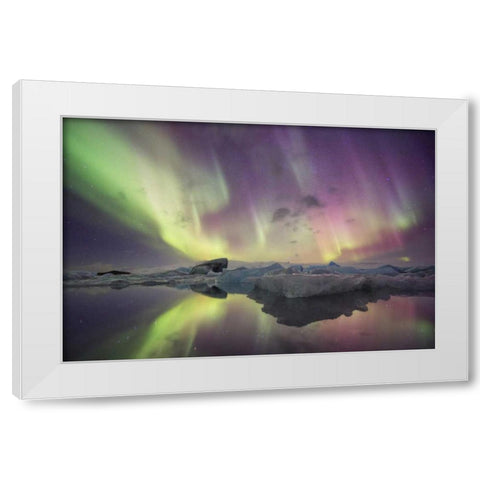 Iceland, Jokulsarlon Aurora lights over a lagoon White Modern Wood Framed Art Print by Anon, Josh
