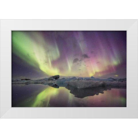 Iceland, Jokulsarlon Aurora lights over a lagoon White Modern Wood Framed Art Print by Anon, Josh
