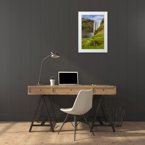 Iceland, Skogafoss Waterfall reflects in pool White Modern Wood Framed Art Print by Illg, Cathy and Gordon