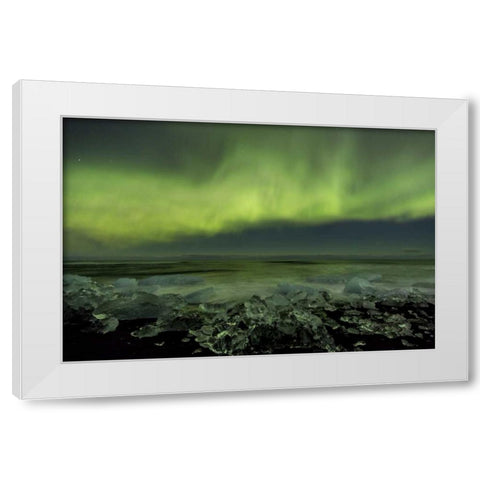 Iceland, Jokulsarlon Aurora borealis and ocean White Modern Wood Framed Art Print by Young, Bill