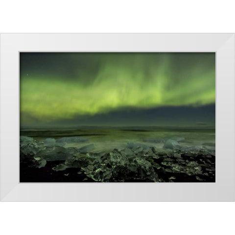 Iceland, Jokulsarlon Aurora borealis and ocean White Modern Wood Framed Art Print by Young, Bill