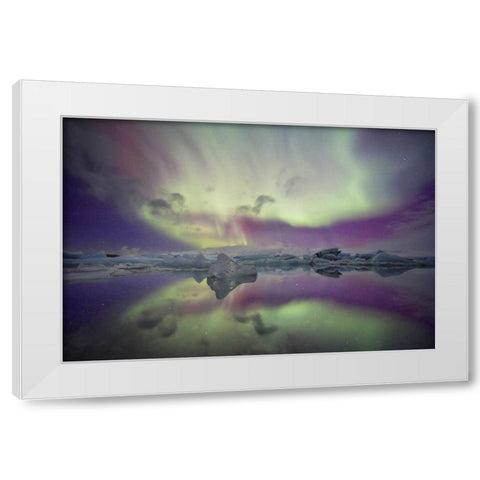 Iceland, Jokulsarlon Aurora lights over a lagoon White Modern Wood Framed Art Print by Anon, Josh