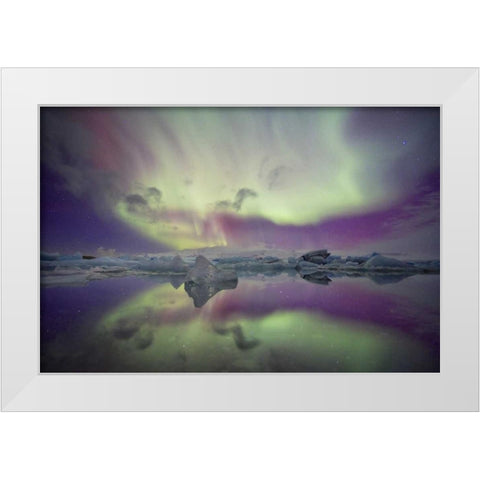 Iceland, Jokulsarlon Aurora lights over a lagoon White Modern Wood Framed Art Print by Anon, Josh