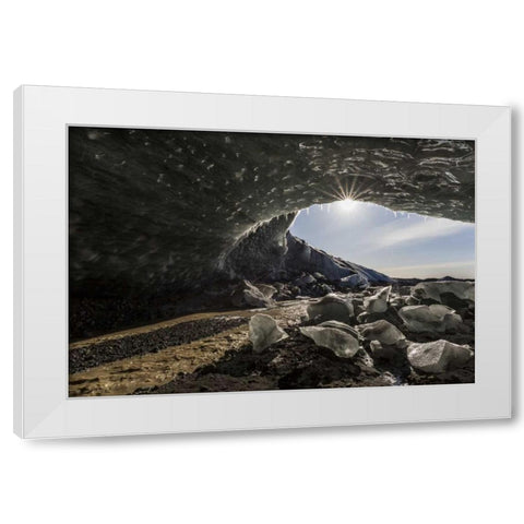 Iceland Sunburst at ice cave entrance White Modern Wood Framed Art Print by Young, Bill